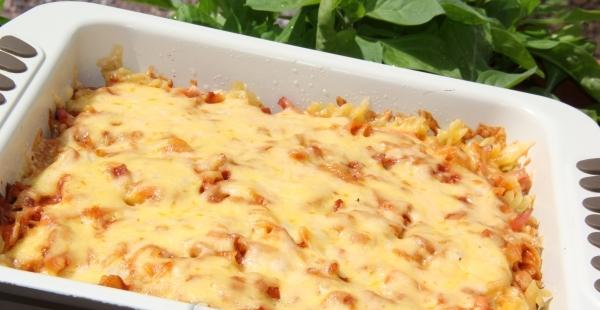 Pasta casserole with ham and cheese, recipe with photo