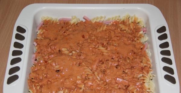 Pasta casserole with ham and cheese, recipe with photo